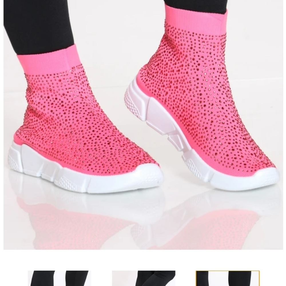 WOMENS RHINESTONE HOT PINK WHITE SLIP ON SNEAKER